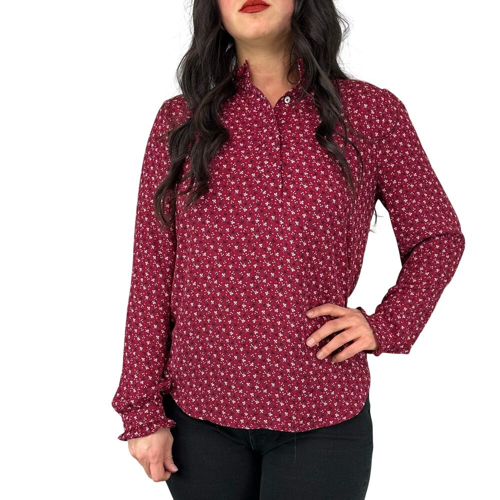 LOFT Maroon Floral High Neck Ruffle Blouse